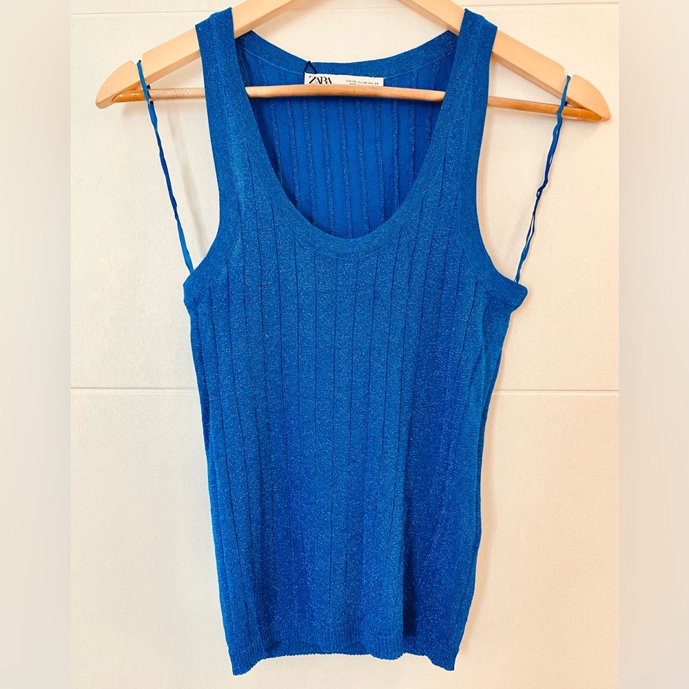 Zara Vibrant Metallic Shiny Blue Ribbed Tank Top